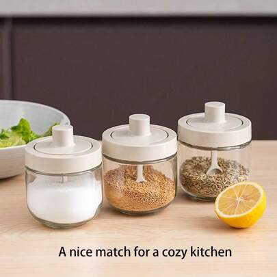 2pcs Grey Minimalist Kitchen Seasoning Container With Spoon And Lid For Home Use, Moisture-Proof Transparent Spice Bottle, Creative Shaped Condiment Jar For Salt, Sugar, Pepper, Etc.