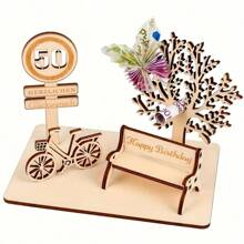 1 set Décoration de table en bois pour anniversaire cadeau d'argent - 19,0 cm * 5,38 cm, Panneau en bois pour anniversaire 30e, 40e, 50e, 60e, 70e, Décoration d'atmosphère pour anniversaire heureux, Panneau décoratif de fête avec vélo, grand arbre, chaise, Décoration de scénario, Parfait, Cadeau d'anniversaire