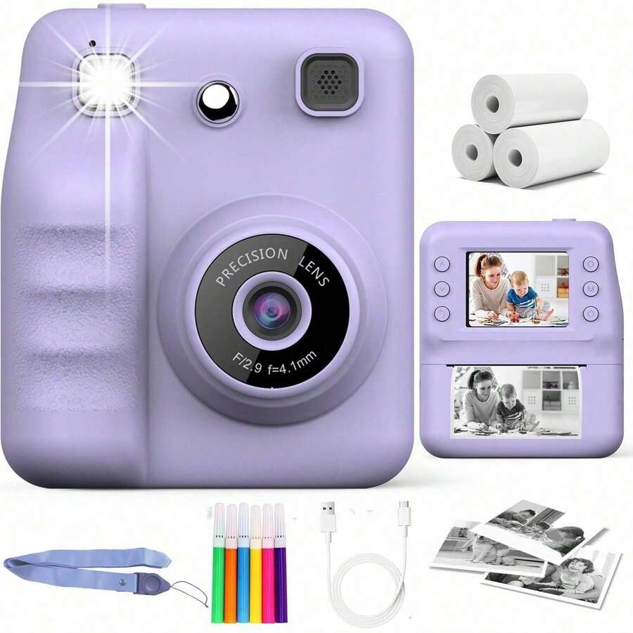 儿童即时照片和打印相机，儿童玩具相机，1080P 即时照片打印，闪光灯，音乐，游戏，自拍模式，延迟打印（10 秒/5 秒/3 秒），适合男孩/女孩的完美圣诞节和生日礼物