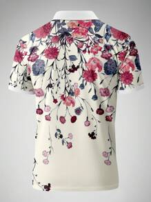 Camisa polo de manga corta con estampado floral casual para hombres de talla grande