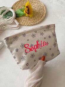(Embroidered Custom) Beige Cute Makeup Bag Clutch, Heart Print, Corduroy Fabric, Comfortable Large Capacity Durable Portable Travel Storage Bag, Zipper Closure Washable, Dorm Essential Toiletry Bag, Suitable For Makeup Tools, Gift For Girls - Multicolor - View 5