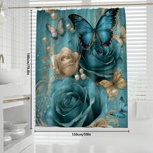 1pc/4pcs Floral Butterfly Multifunctional Bath Decor Set, Including Waterproof Shower Curtain With 12 Hooks, Anti-Slip Bath Mat, U-Shaped Toilet Mat, And Round Toilet Lid Cover, Ideal For Bathroom Scenes Bathroom Accessories Back To School