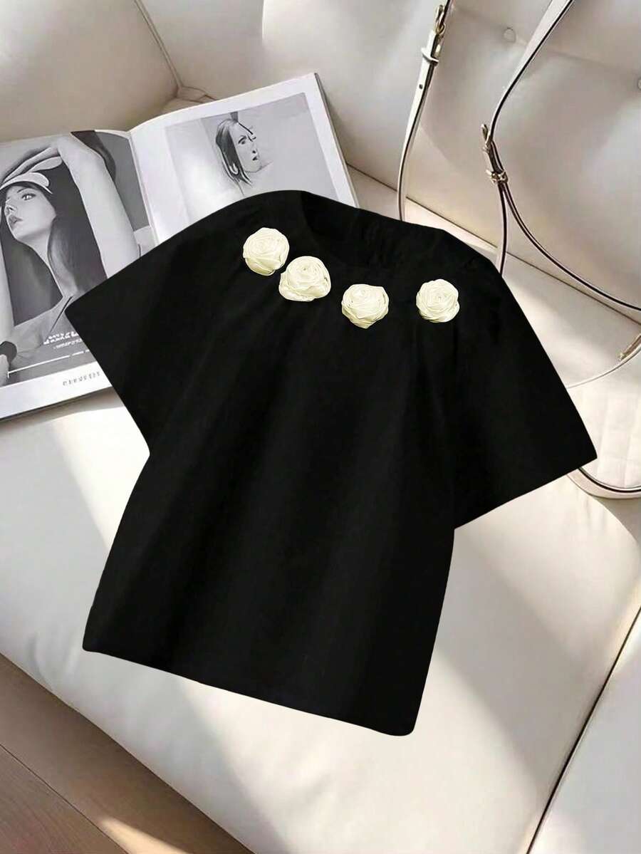 Women Simple And Fashionable 3D Floral Printed Round Neck Short Sleeve Shirt Casual Outings Summer Office Tops - Black - View 1