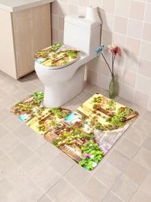1pc/4pcs Street View Pattern Bathroom Accessory Set Include Waterproof Shower Curtain With 12 Hooks, Non-Slip Bath Mat, U-Shaped Toilet Mat And Closed Toilet Seat Cover, Multipurpose Bathroom Decor Set Bathroom Accessories Back To School