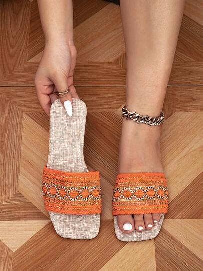 Sandalias anchas de talla grande en color naranja, sandalias planas de mujer con bordados, adecuadas para fiestas, playa y vacaciones