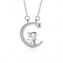 1 Pc Moon & Cute Rabbit Design Necklace, Adorable Nature Style, Starry Rhinestone Decor Animal Pendant Collarbone Chain, Korean Fashion