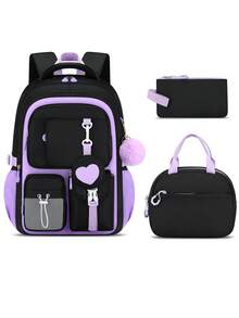 3件套心形图案女童背包套装，包含手提包和铅笔盒，轻便大容量书包，多口袋设计，可容纳15.6英寸笔记本电脑，紫色旅行背包，返校必备