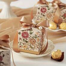 [Luxury Wedding Candy Boxes] 4/10pcs Luxury Hand-Painted Flower Theme Wedding Candy Boxes - With Exquisite Pearl Ribbons - Wedding Gifts, Birthday Party Anniversary Gift Boxes, Christmas Chocolate Biscuit Packaging Boxes - Multicolor - View 1