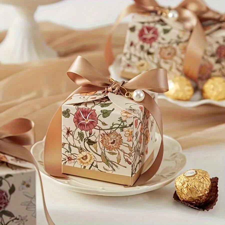 [Luxury Wedding Candy Boxes] 4/10pcs Luxury Hand-Painted Flower Theme Wedding Candy Boxes - With Exquisite Pearl Ribbons - Wedding Gifts, Birthday Party Anniversary Gift Boxes, Christmas Chocolate Biscuit Packaging Boxes - Multicolor - View 1