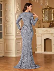 hezixi Women's Round Neck Long Sleeve Mermaid Hem Sparkly Sequin Dress, Comfortable To Wear, Suitable For Different Figures, Can Be Worn As Party Dress, Wedding Guest Dress, Formal Dress, Evening Gown, Etc. - Màu xám đen - Xem 7