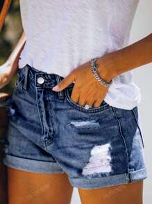 Jeans, Shorts, Women's Ripped Elements, Folding Pants Legs, Cycling Pants, Jeans, Shorts, Blue Pants, Simple Daily Wear, Summer Beach Style
