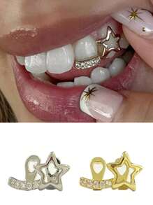 1pc Fashionable Women's Tooth Jewelry, Hollow Five-Pointed Star And Bar Zirconia Double Tooth Accessories, For Carnival, Party, Daily Wear, Festival Gifts, Funny Stage Props, Adjustable Opening