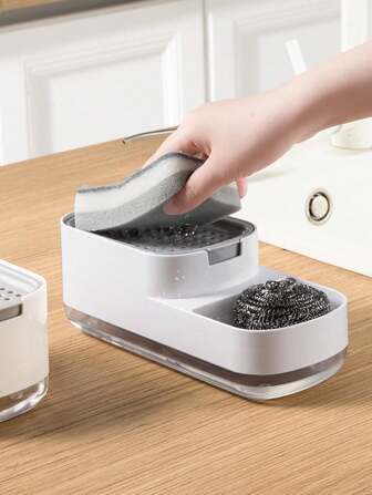 1 pieza Dispensador de jabón para lavar platos, Recipiente con bomba 2 en 1 con soporte para esponja, Caja dispensadora de líquido lavavajillas, Recipiente para lociones para el baño, Accesorios de baño, Artículos de cocina, Accesorios de cocina, Utensilios de cocina