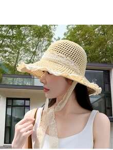 1 件女士宽边草帽，透气蕾丝镂空沙滩遮阳帽，夏季 - 彩色 - 查看 9
