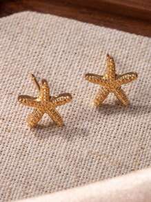 1 Par de Brincos de Botão com Estrela do Mar Metálica Estilo Europeu e Americano, Adequado para Uso em Férias por Senhoras