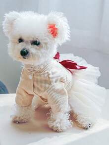 PETCIRCLE 1件寵物衣服 秋冬款可愛公主風多層薄紗寵物芭蕾裙附牽繩扣 米色胸背帶薄紗裙 - 米色 - 查看 3