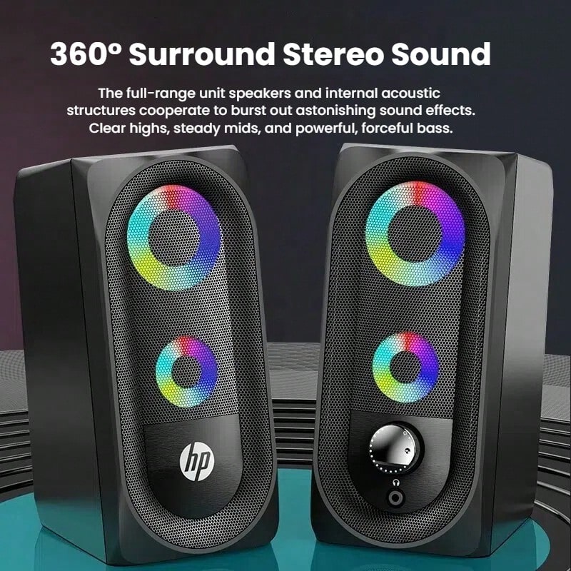 HP Altavoz para juegos RGB, altavoz USB para computadora, subwoofer, escritorio, portátil, transmisor universal, efecto de iluminación, juego de escritorio, artefacto de audio y video, DHE-6001 negro