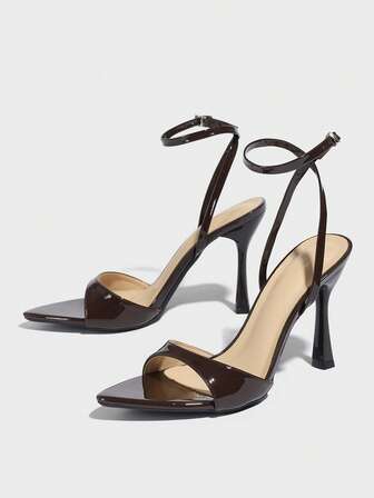 Damsandaler med hög klack, Lämpliga för alla årstider, Utomhus, Kvällsfest, Mode, Kändis, Lyxig bankett, Spetsig tå, Fest, Helgdag, Lyxig, Sexiga PU-läderskor med fotledsrem, Bekvämt material, Elegant kaffebrun