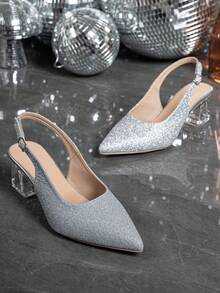 Women's Pointed Toe Crystal Heel Mary Jane Hollow-Out High Heel Pumps, Suitable For Outings, Parties, Weddings And Other Events - Metallic Silver - View 6