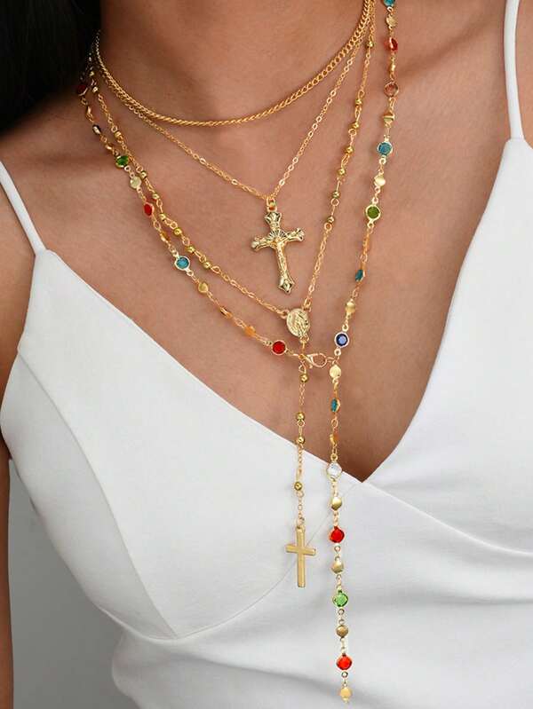 4pcs/2pcs/1pc Minimalist Vintage Coin, Cross, Flower, Colorful Rhinestone Tassel Y-Necklace For Women, Gift For Vacation, Dating, Daily Wear, Party