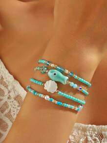 Set de 4 piezas de pulseras trenzadas con cuentas de conchas naturales y cerámica de peces en estilo vintage, aptas para mujer para uso diario, vacaciones y surf