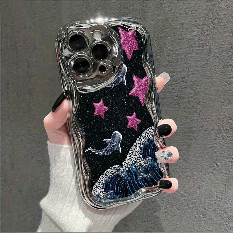 Glitter Stars Whale Sharks Ocean Art Element Design Glossy Cream Wave Plated Phone Case For IPhone16/15/ 14/13/12/11/Xs Max, Anti-Scratch Protective Cover With Wavy Design, Gift For Women Girls - Silver - View 1