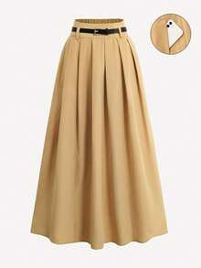 女式高腰百褶裙（配装饰腰带） - 卡其色 - 查看 1
