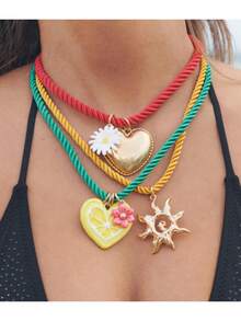 1 pieza Collar informal de estilo vacacional con cuentas de cuerda, corazón de dopamina y girasol, apto para hombres y mujeres - Multicolor - Ver 1