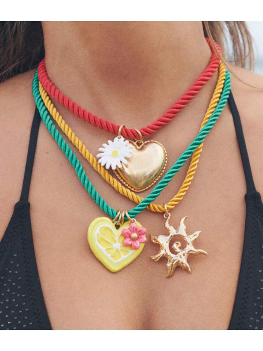 1 pieza Collar informal de estilo vacacional con cuentas de cuerda, corazón de dopamina y girasol, apto para hombres y mujeres - Multicolor - Ver 1