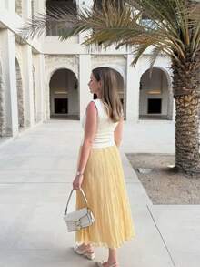 Women's Elegant High-Waisted Pleated Maxi Skirt, Solid Color, Suitable For Autumn Daily Wear And Back To School Season - Yellow - View 9