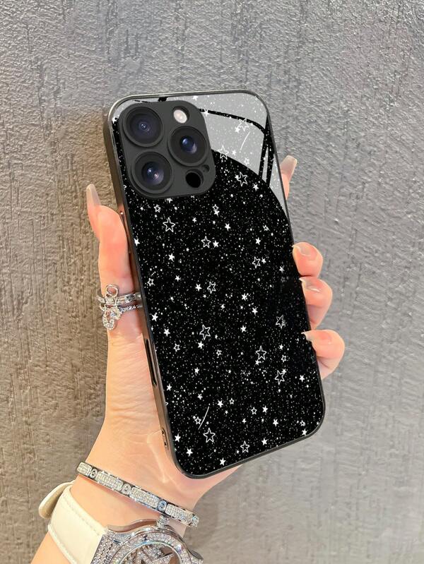 1 pieza Nuevo estuche de teléfono de vidrio templado de alta definición con patrón de estrella blanca y cielo estrellado, compatible con Apple 17 Pro Max/17 Air/16 Pro Max/15/14 Plus/13/12/11/XR/8P y Galaxy S25/S24/S23 Ultra/S22/S20/Note20/Note10/A56/A53/A34/A14/A11/A05/A03S