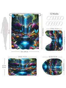 4pcs Waterfall & Butterfly Themed Polyester Bathroom Set, Includes Waterproof Shower Curtain, Non-Slip Mat, Toilet Seat Cover & Hooks - Suitable For Home Bathroom Decoration (1pc Or 4pcs Set, Machine Washable) Bathroom Accessories Back To School - Multicolor - View 4