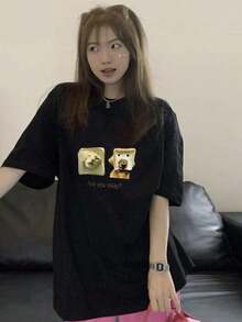 200g Pure Cotton T-Shirt 2025 Summer Ladies New Short Sleeve Pure Cotton Holiday Pattern Short Sleeve Round Neck Couple Wear Small Shirt Tops - 黑色 - 查看 1