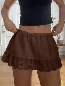 Women Y2K Sheer Lace Ruffle Mini Skirt Low Rise Mesh Ruffle Hem Shorts Fairy Micro Skirt Coquette Going Out Beachwear - Brown - View 1