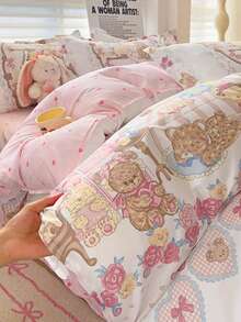 四件套蝴蝶结、爱心、格子、花朵、泰迪熊印花双面柔软磨毛床品套装（1件被套+1件床单+2件枕套），亲肤芦荟印花床品套装，适合儿童、幼儿、婴儿房、宿舍使用。 - 愛心蘿莉熊 - 查看 8