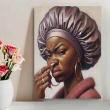 Framed Interesting African American Bathroom Canvas Wall Art, African Toilet Pinching Nose Poster, Humorous Smelly Woman Wall Decorative Poster