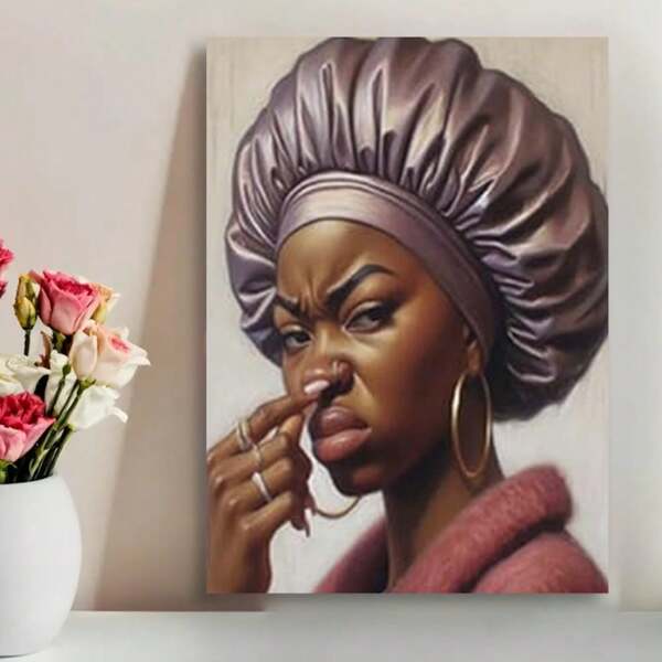Framed Interesting African American Bathroom Canvas Wall Art, African Toilet Pinching Nose Poster, Humorous Smelly Woman Wall Decorative Poster