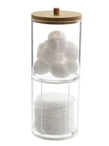 1 pieza Soporte acrílico para hisopos con tapa de bambú, dispensador pequeño transparente para hisopos, soporte plástico para palillos para los oídos, recipiente de almacenamiento para mondadientes, organizador decorativo de encimera para baño