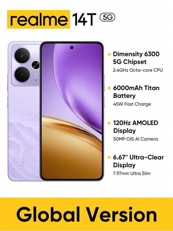 Realme 14T 5G 8GB+128GB/8GB+256GB 5G LTE, Global Version, Unlocked Cellphone, Andriod 15 Smartphone, 6.67'' OLED 120Hz Display, 6000mAh Battery Celulares, 50M Camera Mobile Phone 7.9mm Thin, No Adaptor