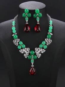 1 Set Of 3pcs Luxurious Cubic Zirconia Necklace & Earrings Jewelry Set, Fashion Personalized Necklace Accessory Suitable For Formal Dress, Party, Valentine's Day, Holiday Gift