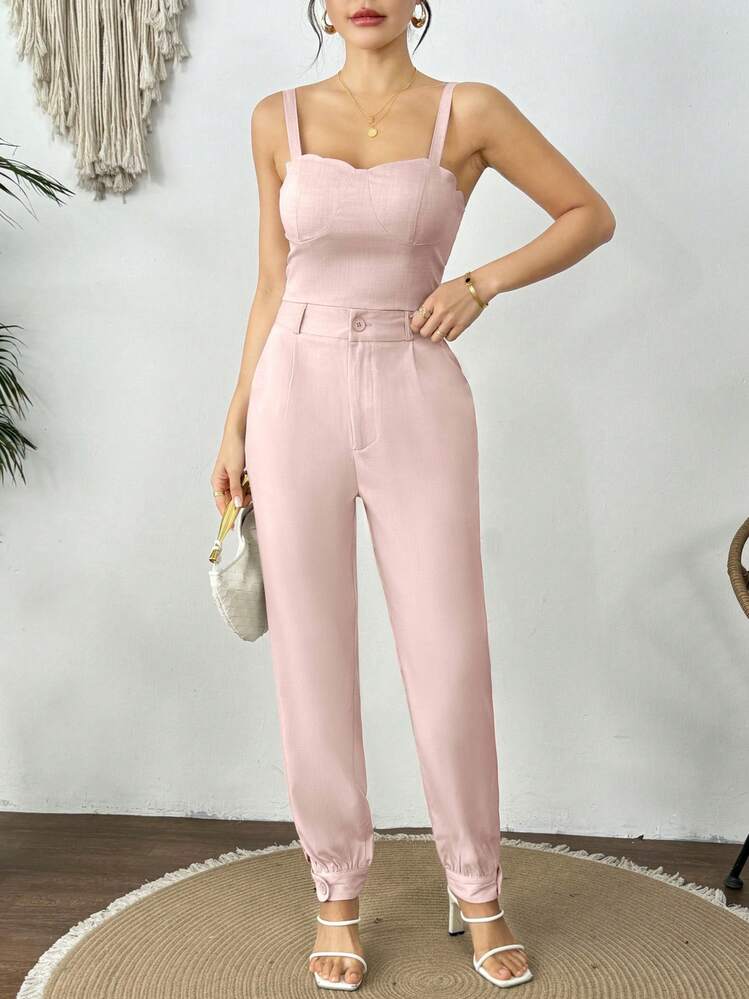 Set liso de 2 piezas elegante fresco de moda para dama unicolor con tobilleras de boton moderno - Rosa - Añade 2