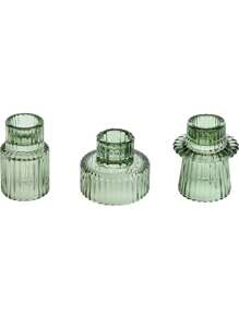 3-Piece Set Of Green Glass Candlesticks With Vertical Stripes, Dual-Purpose Candlesticks, Glass Candlestick Cups, Thick Candles And Thin Candles, Dual-Purpose High-End Candle Cups, Household Candlestick Ornaments, Halloween, Spooky, Autumn, Winter, Holiday, Festival, Room Decor, Gifts Birthday Graduation