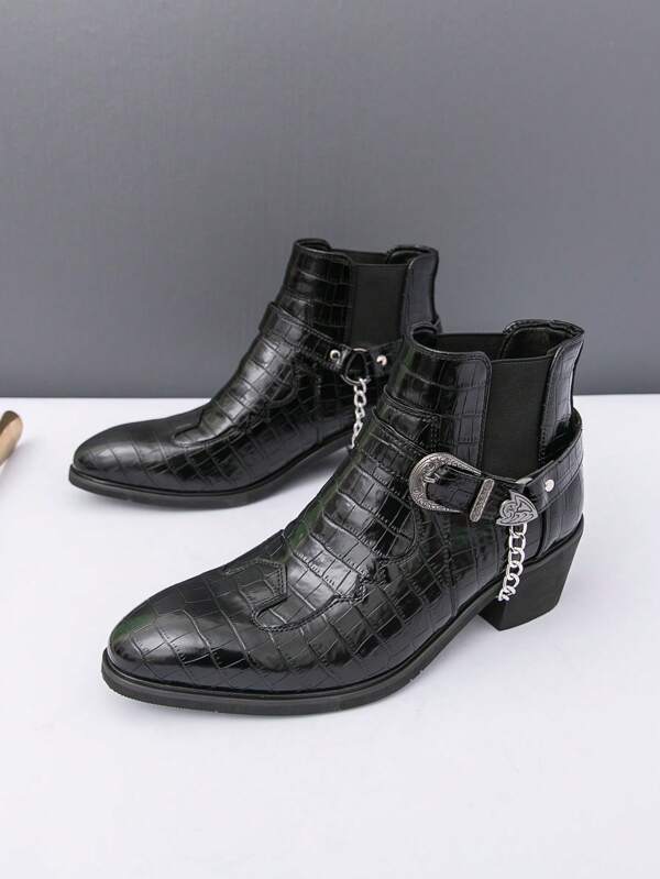 Botas de Caminhada de Bico Fino da Moda Masculina com Tira e Corrente, Botas de Couro Cano Alto