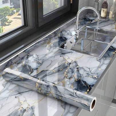 1卷大理石纹防水自粘墙纸，墙面乙烯基房间装饰墙贴，炉灶台面，瓷砖，橱柜，桌面装饰墙纸，用于浴室洗脸盆，厨房背景墙装饰，家居装饰厨房配件墙纸