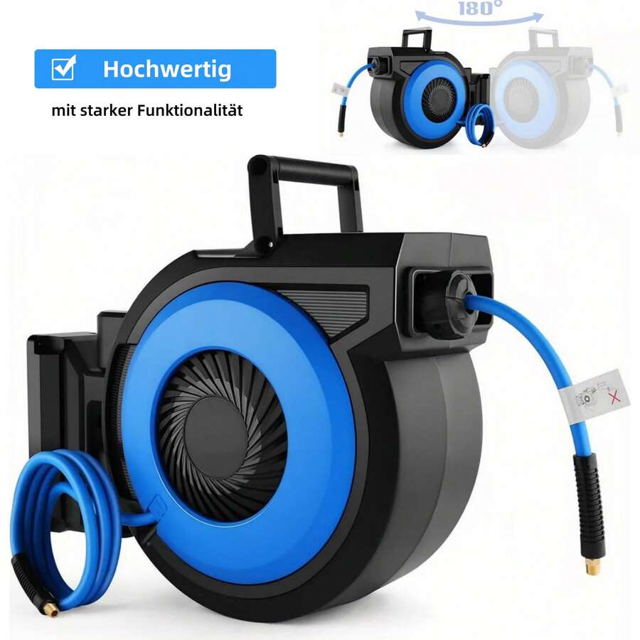 Enrollador de manguera de aire comprimido de 15 m + 2 m, anti-torsión, giratorio 180°, máx. 20 bar, Ø 9,5 mm, con acoplamientos rápidos metálicos monomanuales y soporte de pared.
