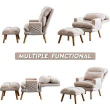 Modern Accent Chair With Ottoman Soft Fabric Armchair With Adjustable Backrest And Side Pockets Comfy Lounge Chair For Living Room Bedroom Apartment Office Beige - Beige - View 5