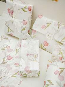 20pcs Tulip Flower Pattern Thin Paper, 50*35cm (19.7"*13.78"), Suitable For DIY Crafts, Eucalyptus Pattern Thin Paper, Retro Palace Swimming Spring Scenery Gift Wrapping Paper, Spring Party Wrapping Paper - Multicolor - View 3