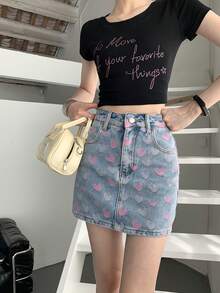 Slimming Versatile Denim A-Line Skirt, Fitted Heart Pattern Mini Skirt For Women - Blue - View 4