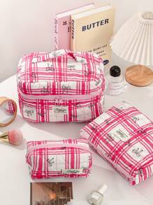 1 Peça Bolsa de Maquiagem Fofa de Grande Capacidade, Nécessaire Acolchoado para Cosméticos, Bolsa de Maquiagem de Viagem com Laço Xadrez, Dobrável, com Alça, Organizador de Maquiagem Estético, Bolsa de Armazenamento para Viagem, Nécessaire Portátil, Bolsa para Lápis, Essenciais de Viagem, Férias de Verão, Volta às Aulas, Bolsa Escolar, Bolsa de Viagem para Mulheres, Bolsa de Maquiagem para Viagem