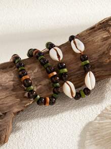 2pcs Bohemian Ocean Style Wood Bead Bracelet Set, Natural Shell Decor, Charming Jewelry For Men Beach Party Vacation